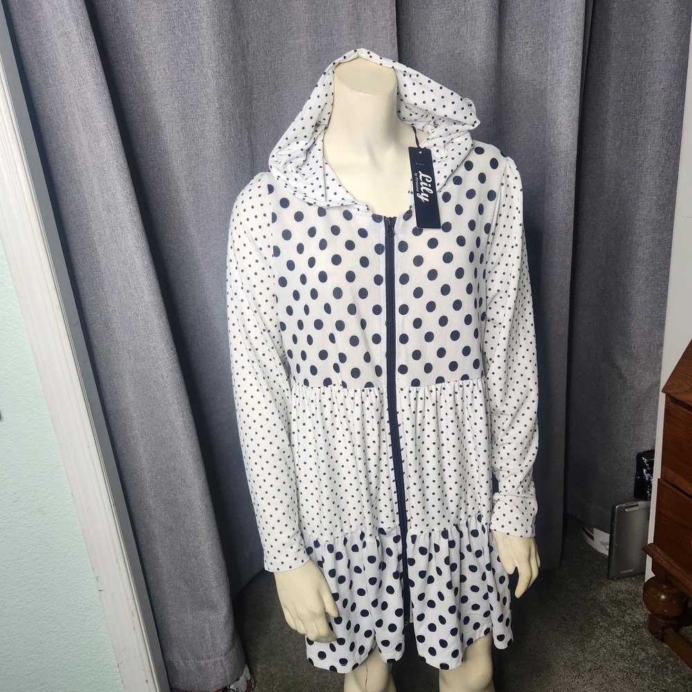 Polka Dot Tiered Skirt Midi Dress Zip Front Hooded Lilly By Firmiana NWT SZ L